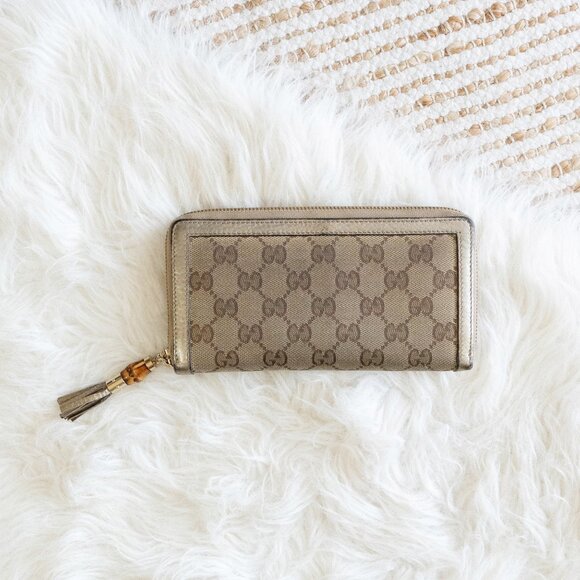 Gucci GG Supreme Zip Around Canvas Wallet w/ Bamboo Tassel & Gold Leather Trim - Picture 1 of 13